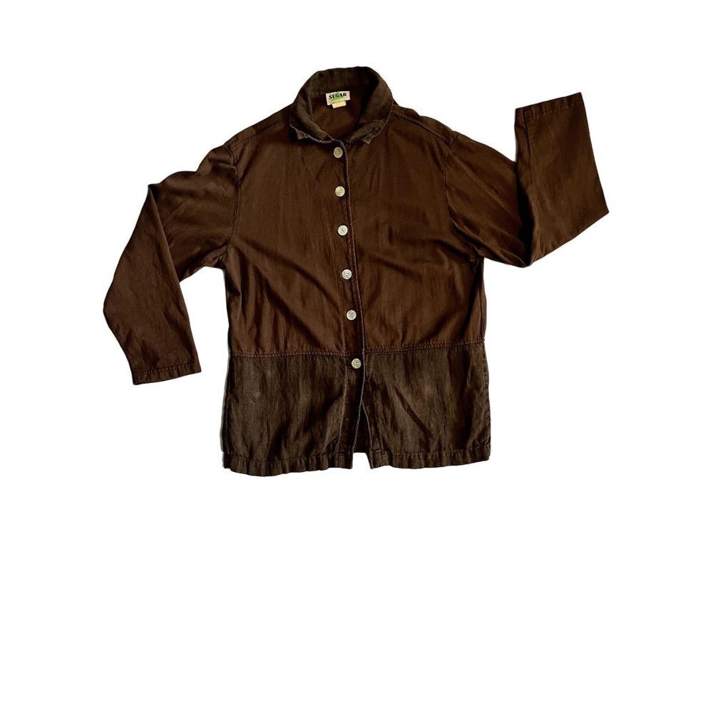VINTAGE SMALL SUGAR 100% COTTON AND LINEN ABELONE BROWN BUTTON UP BLOUSE